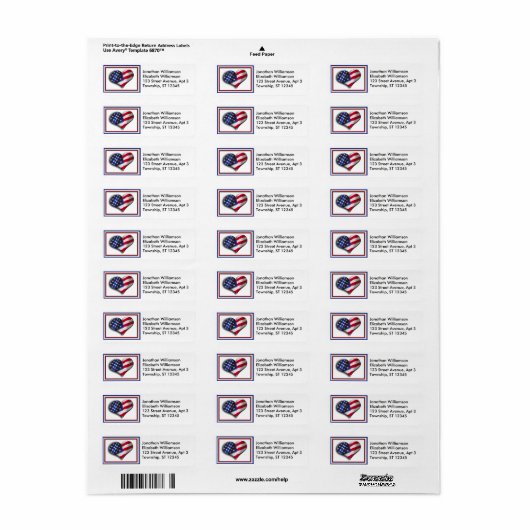 USA Hart Vlag Retouradres Labels (Full Sheet)