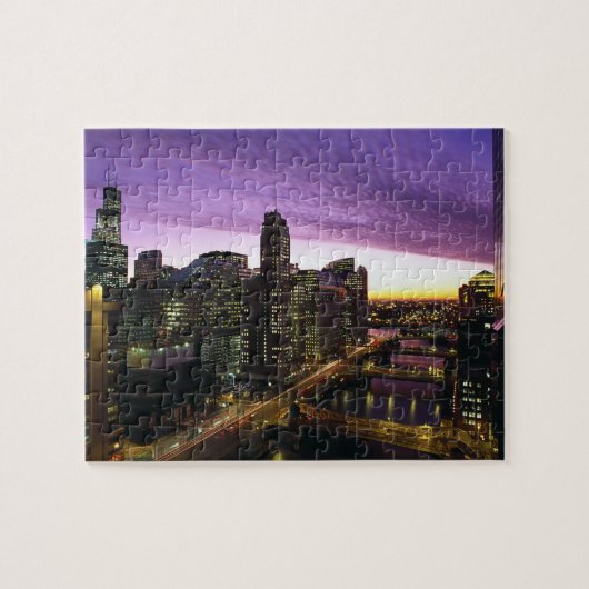 USA, IL, Chicago. Chicago skyline en rivier Legpuzzel (Horizontaal)