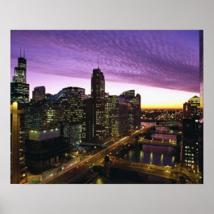 USA, IL, Chicago. Chicago skyline en rivier Poster