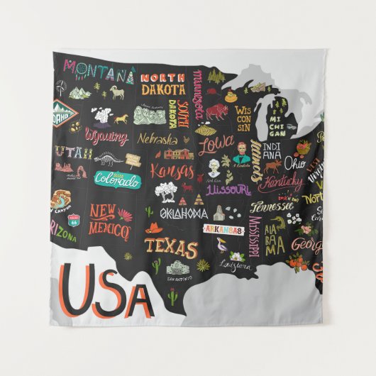 USA Kaart: Geïllustreerd Poster Wandkleed (Voorkant)