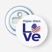 USA Liefde Vlag in Blauw Gepersonaliseerd Button Flesopener (Voorkant)