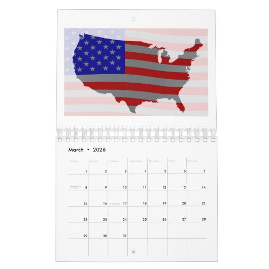 USA Map Silhouette en Flag Kalender (Mar 2026)