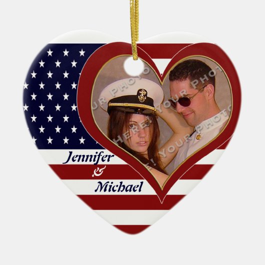 USA Patriotic Flag Heart Your Photo Ornamenent Keramisch Ornament (Voorkant)