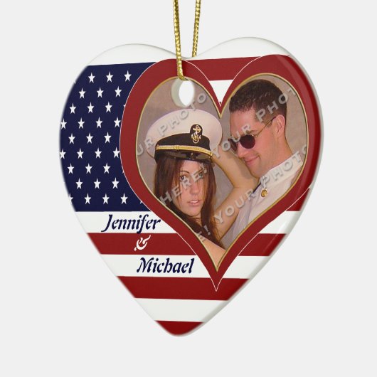 USA Patriotic Flag Heart Your Photo Ornamenent Keramisch Ornament (Links)