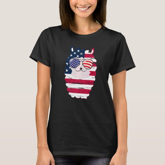 USA Patriotic Llama US Flag Glasses 4 juli Alpa T-shirt (Voorkant)