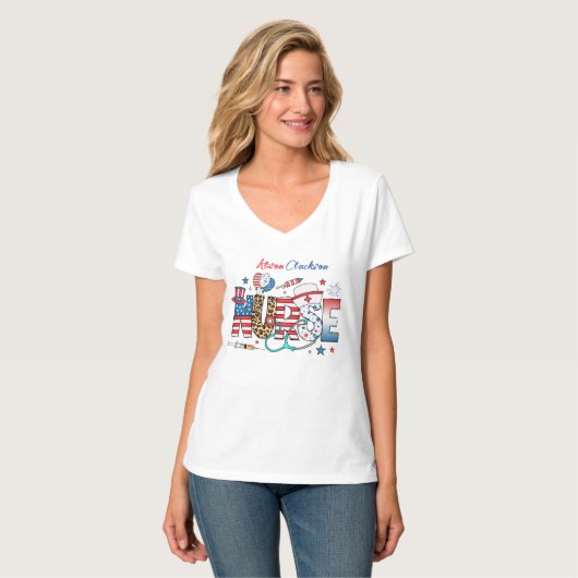 USA Patriotic Nurse 4 juli Icons Namen T-shirt (Voorkant volledig)