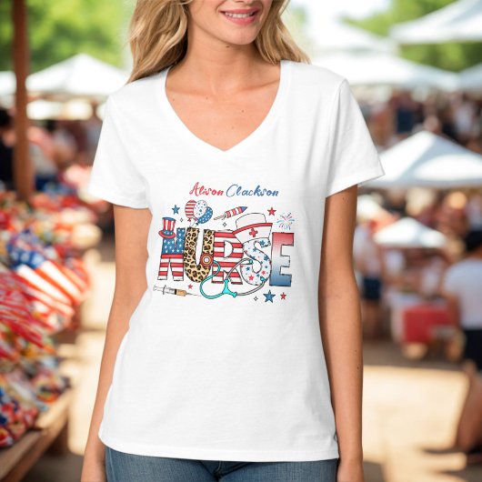 USA Patriotic Nurse 4 juli Icons Namen T-shirt