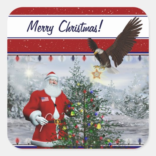 USA Patriotic Santa Merry kerstcadeautjes Vierkante Sticker (Voorkant)