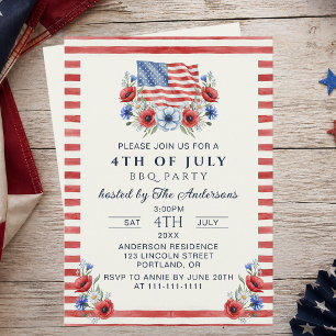 USA Patriotische Aquarel Bloemstuk 4 juli BBQ Kaart