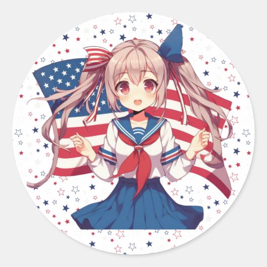 USA patriottische anime meisje Ronde Sticker (Voorkant)