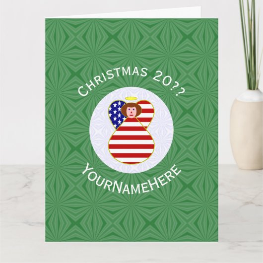 USA Red Hair Angel Kerstvlag gepersonaliseerd Kaart (Voorkant)