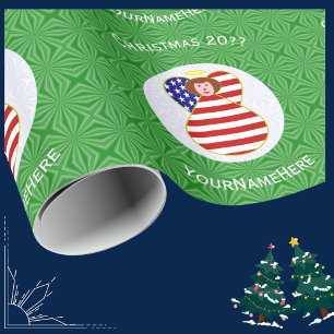 USA Rode Haar Engel Kerst Vlag Gepersonaliseerd  Cadeaupapier