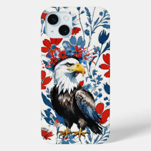 USA Rood Wit en Blauw Bloemen met Kale Adelaar iPhone 15 Mini Hoesje