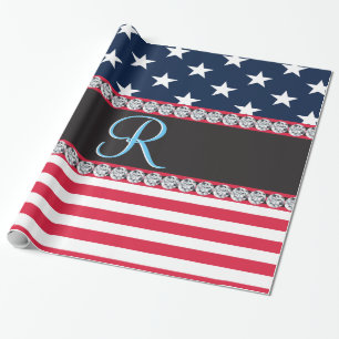 USA Stars Stripes Script Monogram Dazzling Cadeaupapier