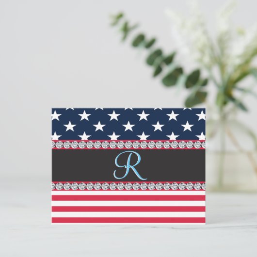 USA Sterren en Stripes Diamond Monogram Briefkaart (Staand voorkant)