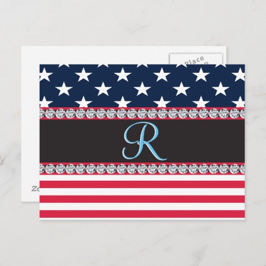 USA Sterren en Stripes Diamond Monogram Briefkaart (Voorkant / Achterkant)