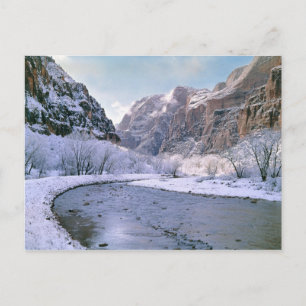 USA, Utah, Zion NP. Nieuwe sneeuw bedekt de canyon Briefkaart