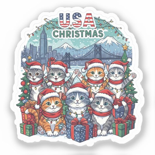 USA-vakantiekatten – Knuffelige Meowende Kerststic Sticker (Voorkant)