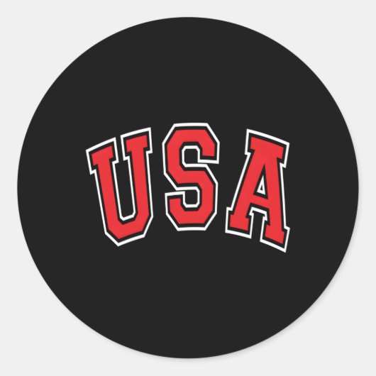 USA Varsity Stijl Tekst Rood met Witte Omtrek Ronde Sticker (Voorkant)