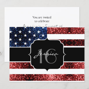 USA vlag rood blauw glitters glinsterende Sweet 16 Kaart