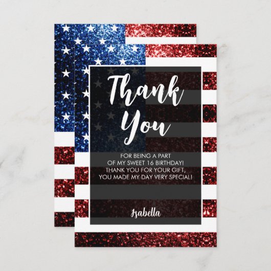 USA vlag rood blauw sparkles Sweet 16 Script Bedankkaart (Voorkant / Achterkant)