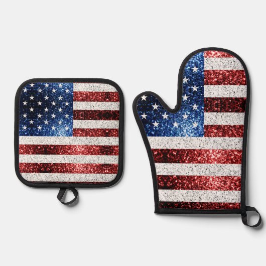 USA vlag rood wit blauw faux sparkle patriottisch Ovenwant & Pannenlap Set (Voorkant)
