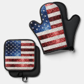 USA vlag rood wit blauw faux sparkle patriottisch Ovenwant & Pannenlap Set (Voorkant / Achterkant)