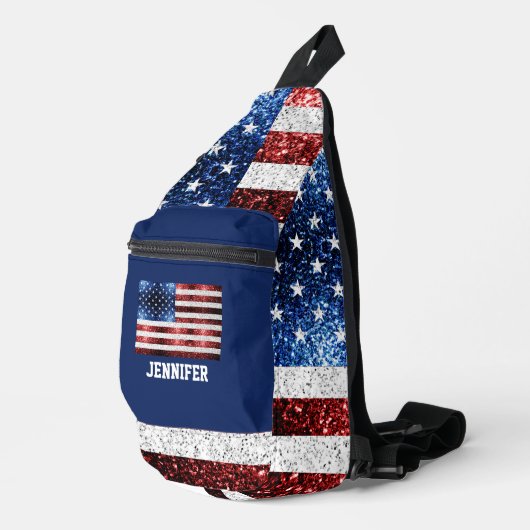 USA vlag rood wit blauw sparkles Custom naam Sling Bag (Rechterhoek)