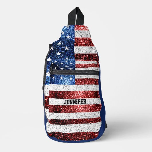 USA vlag rood wit blauw sparkles Custom naam Sling Bag (Voorkant)