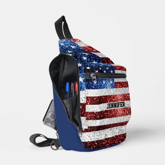 USA vlag rood wit blauw sparkles Custom naam Sling Bag (Open)