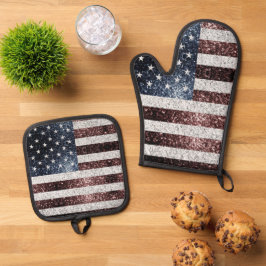 USA vlag rustieke faux sparkle patriottische bling Ovenwant & Pannenlap Set