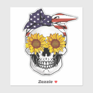 USA Vlag Schedel Zonnebloem Ogen Haar Bandana Sticker
