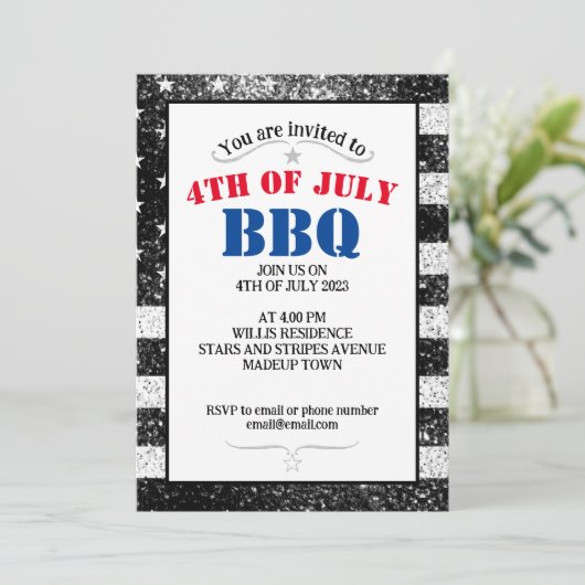 USA vlag Zwart Wit sprankelt 4th Juli BBQ feest Kaart (Staand voorkant)