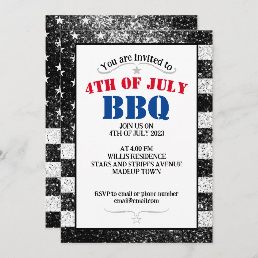 USA vlag Zwart Wit sprankelt 4th Juli BBQ feest Kaart (Voorkant / Achterkant)
