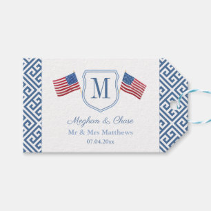 USA Vlaggen Patriottisch Monogram Crest Trouwdouch Cadeaulabel
