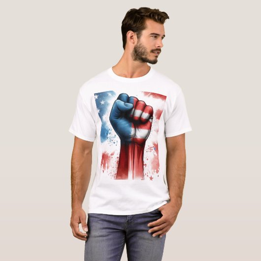 USA Vuist met vlag achtergrond T-shirt (Voorkant volledig)