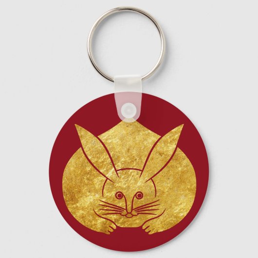 Usagi kamon japanese konijn in faux gold op red sleutelhanger (Voorkant)