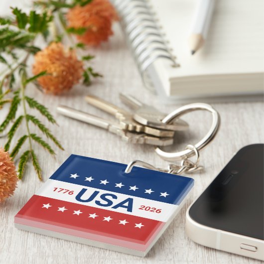 USA's 250th Anniversary 1776 2026 Red White Blue Sleutelhanger (Voorkant Rechts)