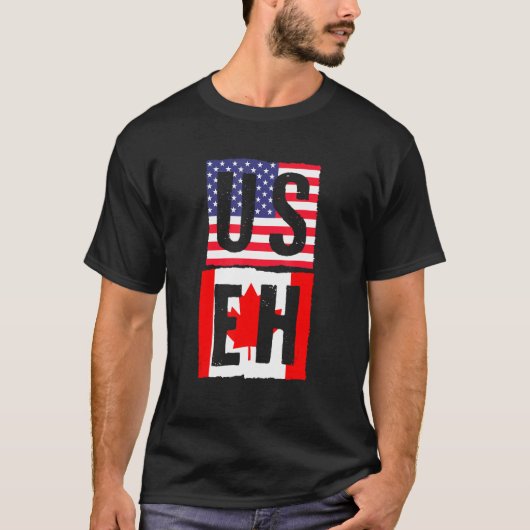 Useh Canadese Vlag Maple Leaf VS Vlag Amerikaans C T-shirt (Voorkant)