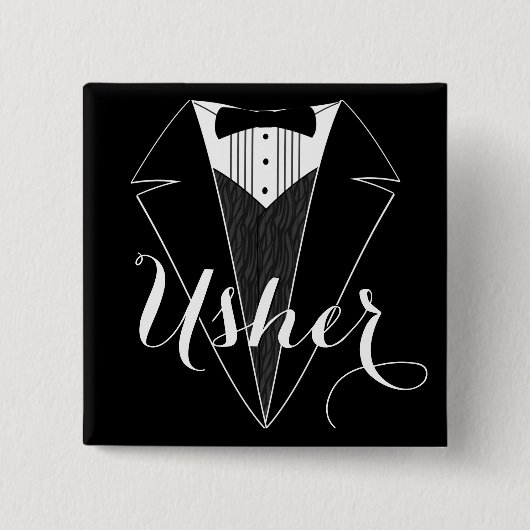 Usher Black en White Tux Wedding Party Button (Voorkant)