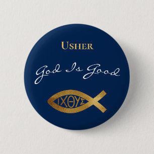 Usher Christelijke Church God is goed modern blauw Ronde Button 5,7 Cm