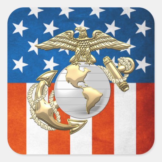 USMC Eagle, Wereldbol & Anchor (EGA) [3D] Vierkante Sticker (Voorkant)