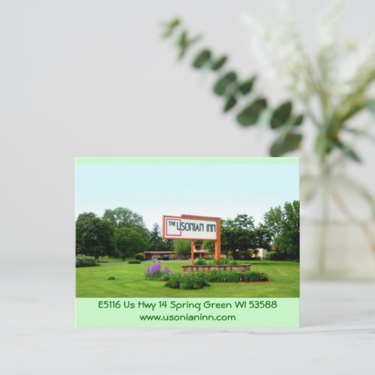 Usonian Inn briefkaart straatnaambordje (Staand voorkant)