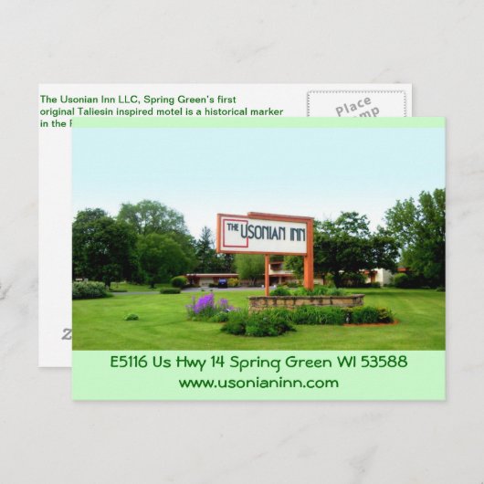 Usonian Inn briefkaart straatnaambordje (Voorkant / Achterkant)