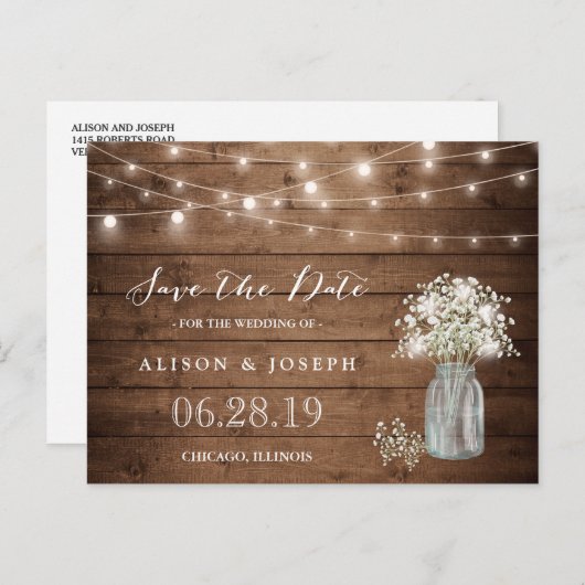 (USPS) Baby's Breath String Lights Save the Date Aankondigingskaart (Voorkant / Achterkant)