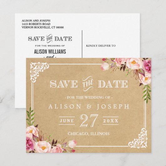 (USPS) Rustieke Bloemen Kraft Bruiloft Save the Da Aankondigingskaart (Voorkant / Achterkant)