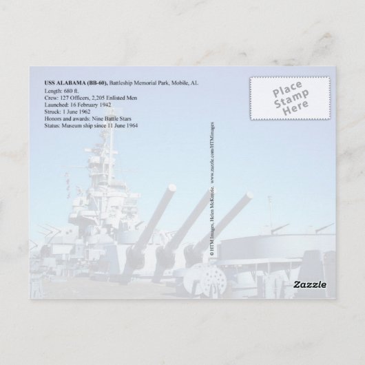 USS Alabama (BB-60), Mobiel, AL Briefkaart (Achterkant)