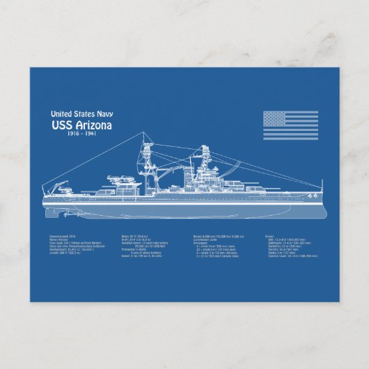 USS Arizona - Schip Blauwdruk Plannen ABD Briefkaart (Voorkant)
