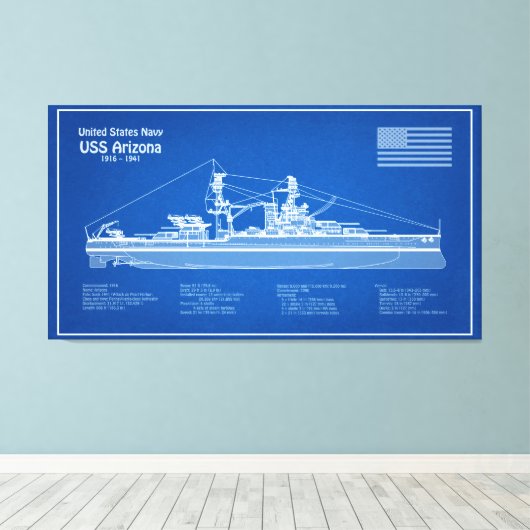 USS Arizona - Schip Blauwdruk Plannen ABD Canvas Afdruk (Insitu (Houten vloer))