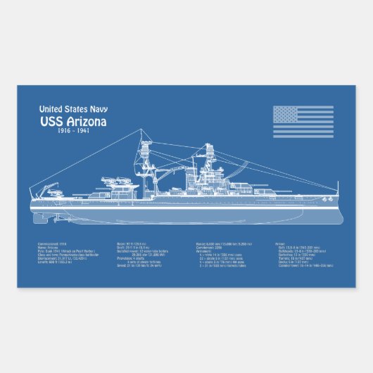 USS Arizona - Schip Blauwdruk Plannen ABD Rechthoekige Sticker (Voorkant)